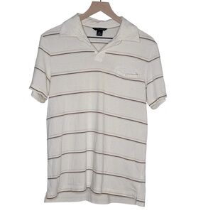 Banana Republic Striped Polo Shirt Cream Brown Cotton Short Sleeve Men’s M
